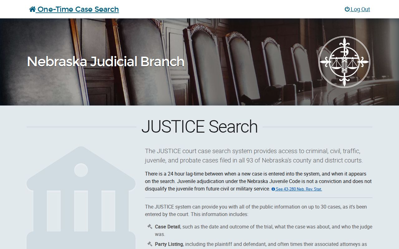 Furnas County warrant search, Nebraska JUSTICE name search interface