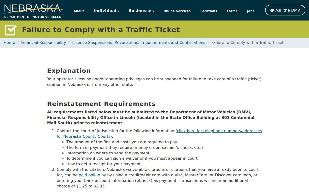 Furnas County traffic warrant, Nebraska DMV compliance guidance