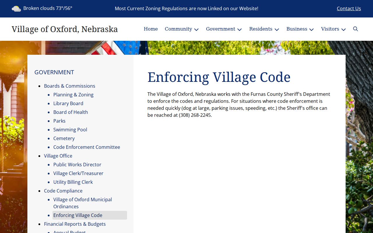 Oxford warrant records, village code enforcement route to Furnas County Sheriff