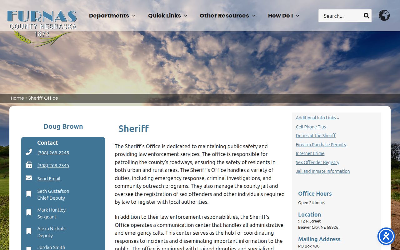 Furnas County sheriff office for warrant service and custody questions